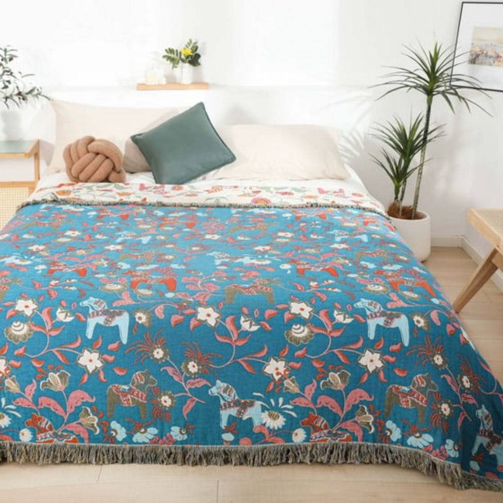 Couverture en Coton avec Franges de Jardin Floral Vibrant
