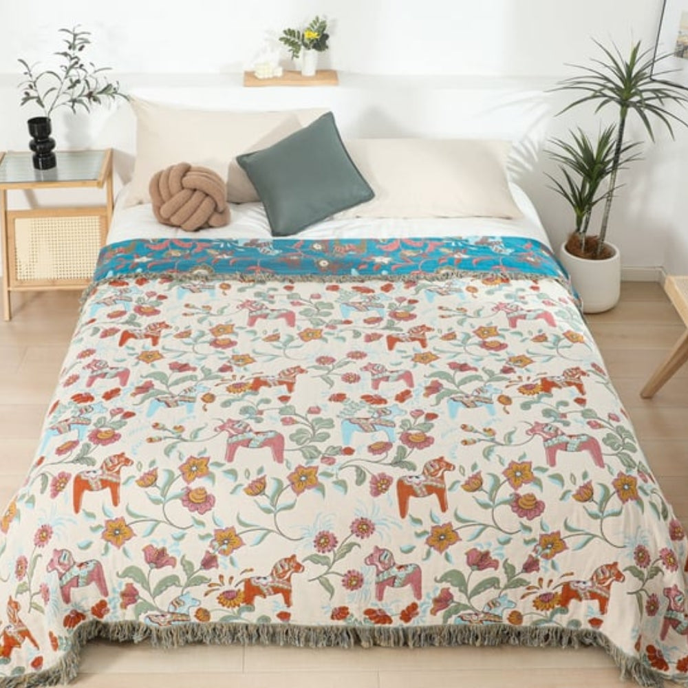 Couverture en Coton avec Franges de Jardin Floral Vibrant