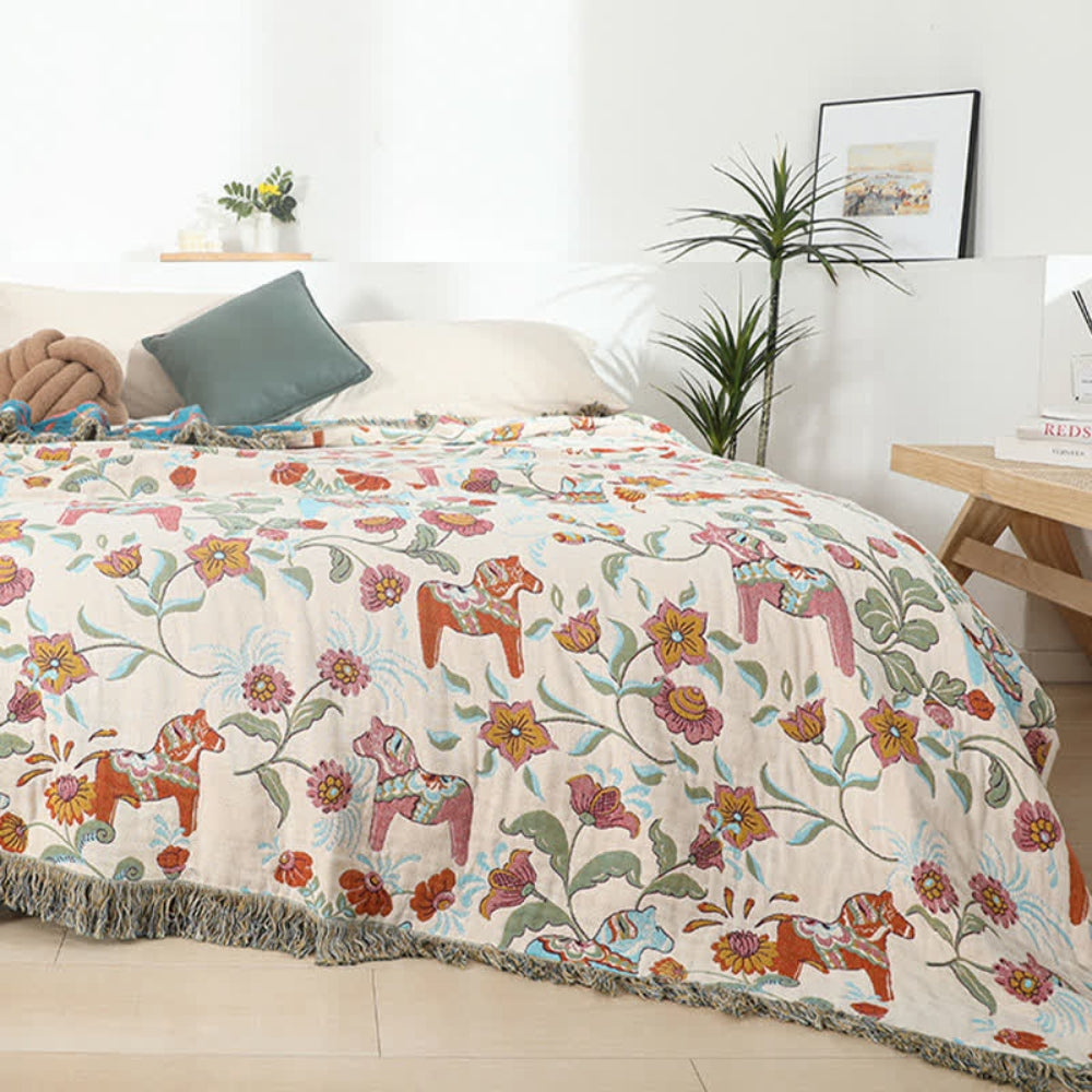 Couverture en Coton avec Franges de Jardin Floral Vibrant