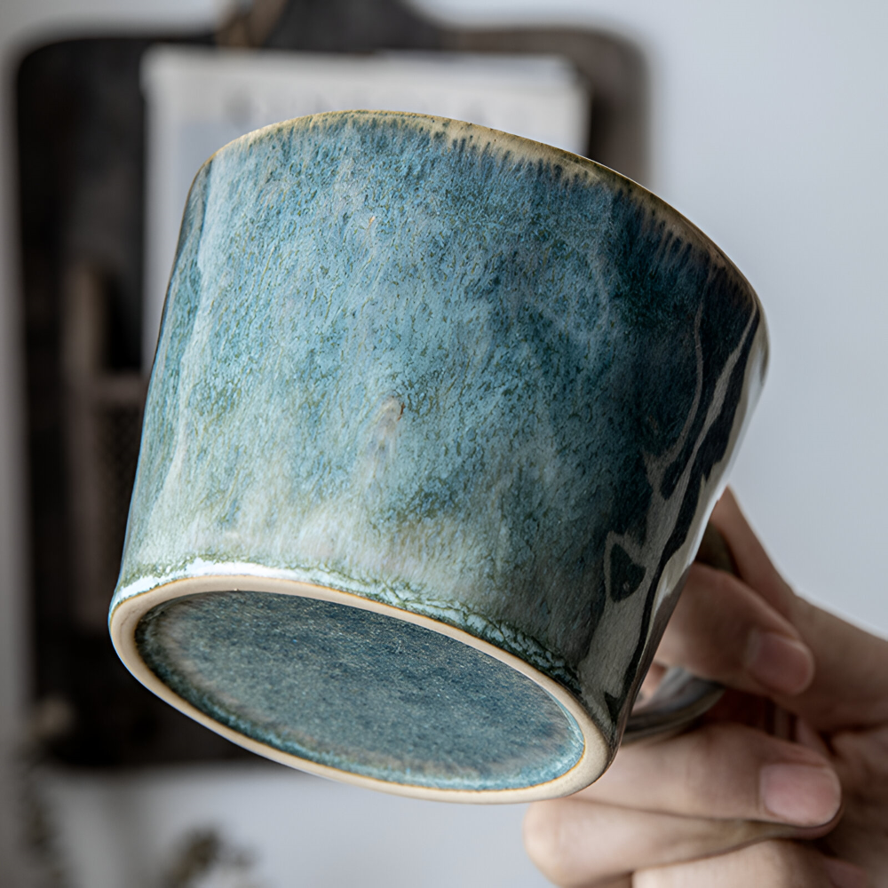 Ensemble de 4 Tasses à Café en Céramique Vintage - 350ml, Émaillage Céladon, Design Rustique