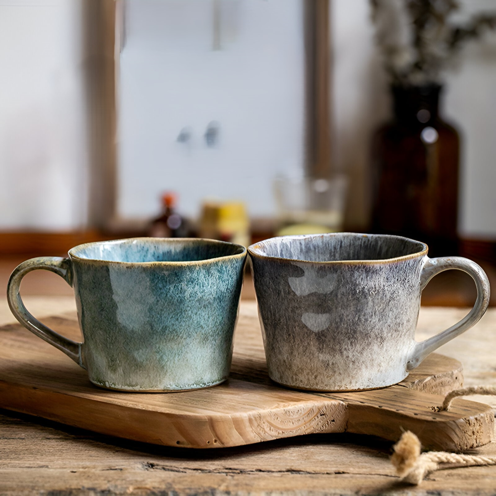 Ensemble de 4 Tasses à Café en Céramique Vintage - 350ml, Émaillage Céladon, Design Rustique