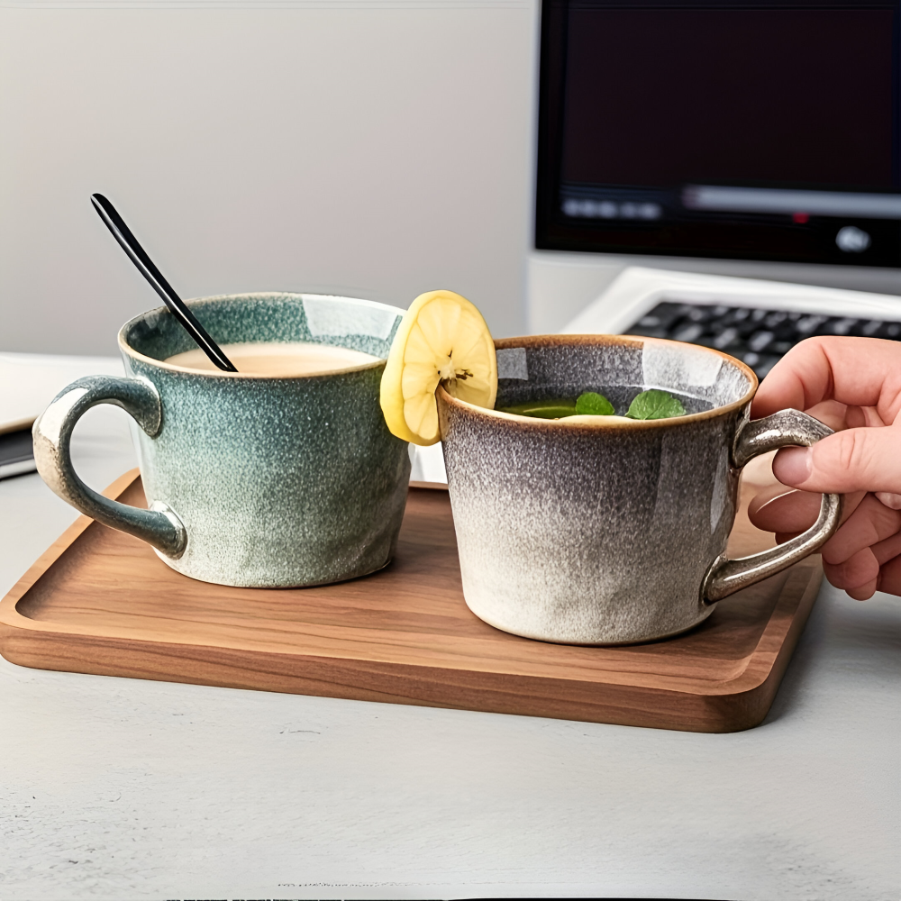 Ensemble de 4 Tasses à Café en Céramique Vintage - 350ml, Émaillage Céladon, Design Rustique