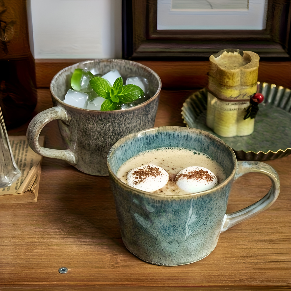 Ensemble de 4 Tasses à Café en Céramique Vintage - 350ml, Émaillage Céladon, Design Rustique