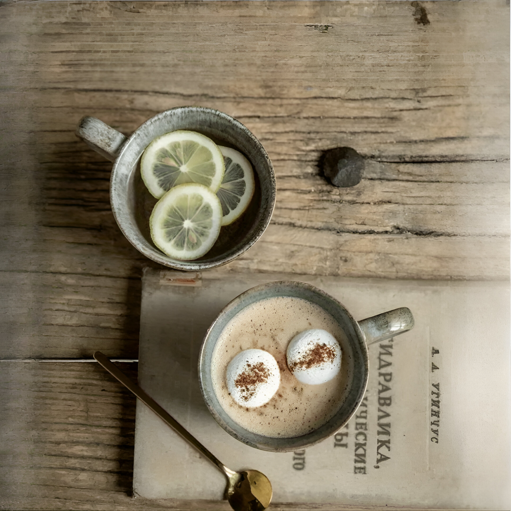 Ensemble de 4 Tasses à Café en Céramique Vintage - 350ml, Émaillage Céladon, Design Rustique