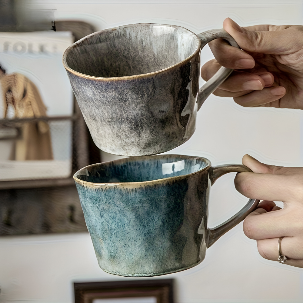 Ensemble de 4 Tasses à Café en Céramique Vintage - 350ml, Émaillage Céladon, Design Rustique