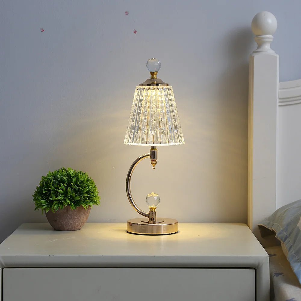 Lampe de table vintage en or avec abat-jour en cristal – lampe LED sans fil