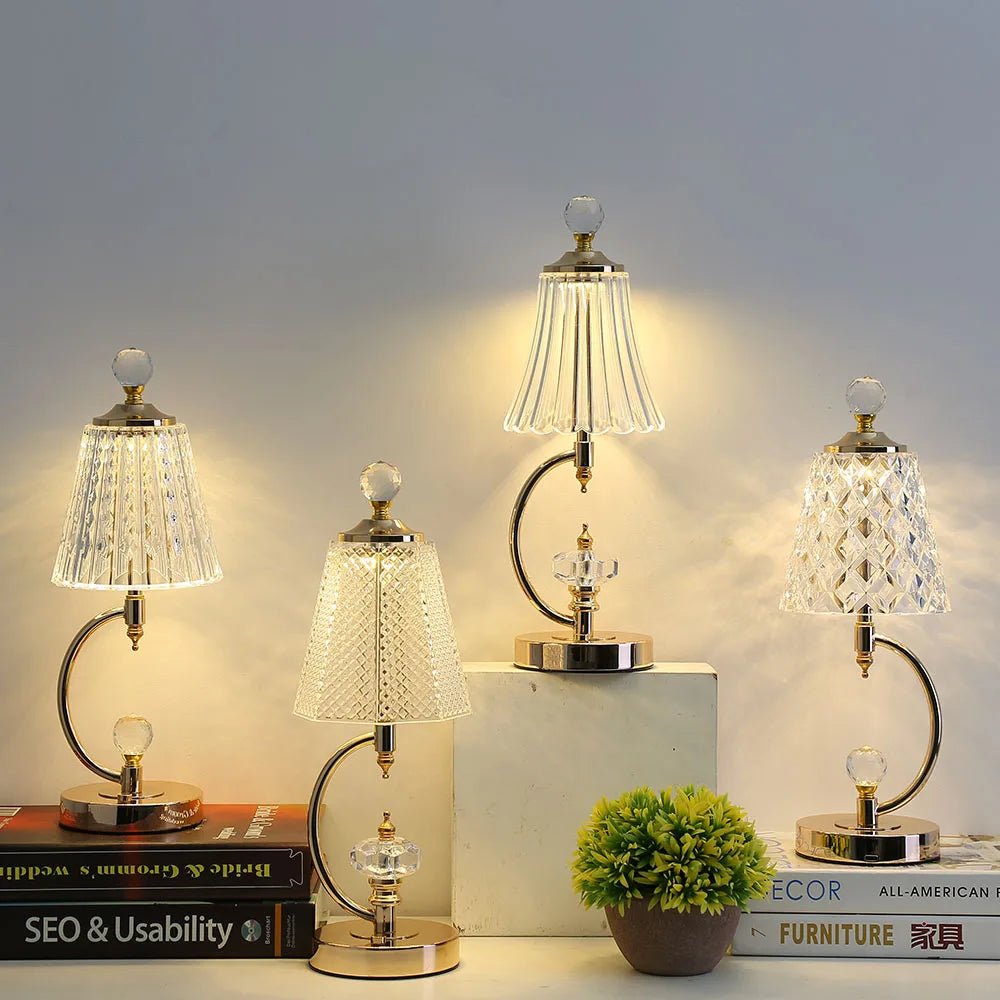 Lampe de table vintage en or avec abat-jour en cristal – lampe LED sans fil