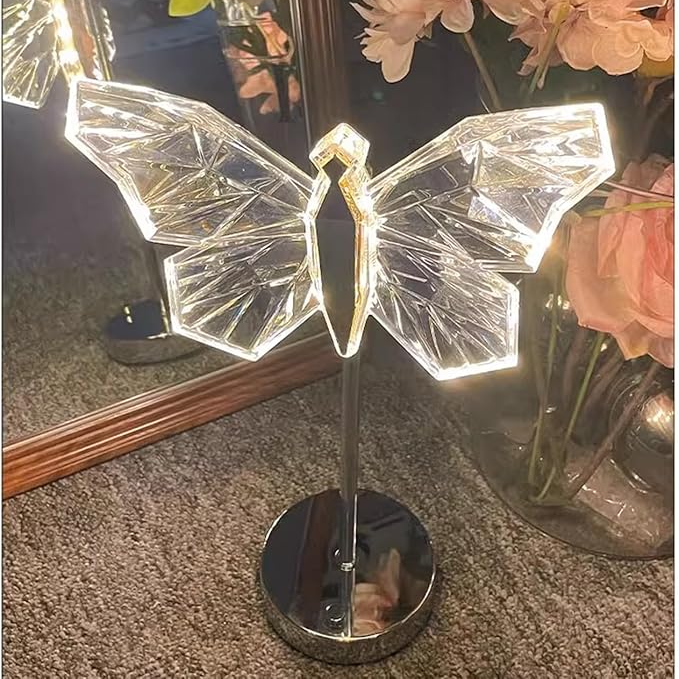 Lampe de table en cristal avec motif de papillon – lampe LED décorative avec lumière chaude