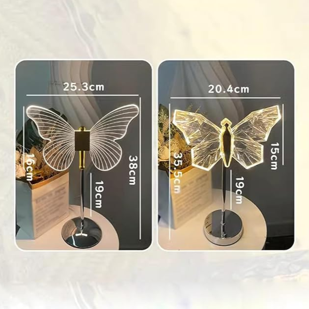 Lampe de table en cristal avec motif de papillon – lampe LED décorative avec lumière chaude