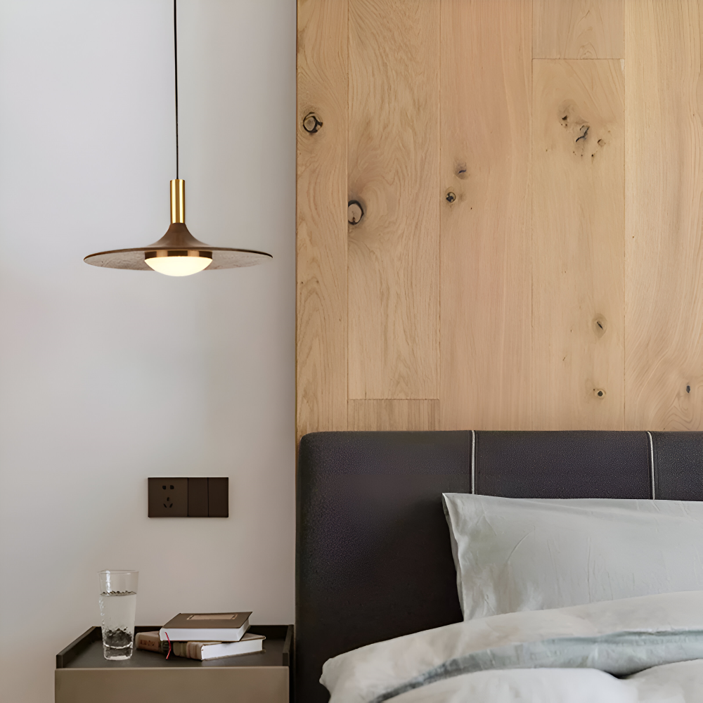 Suspension en noyer – lampe nordique ronde avec lumière LED