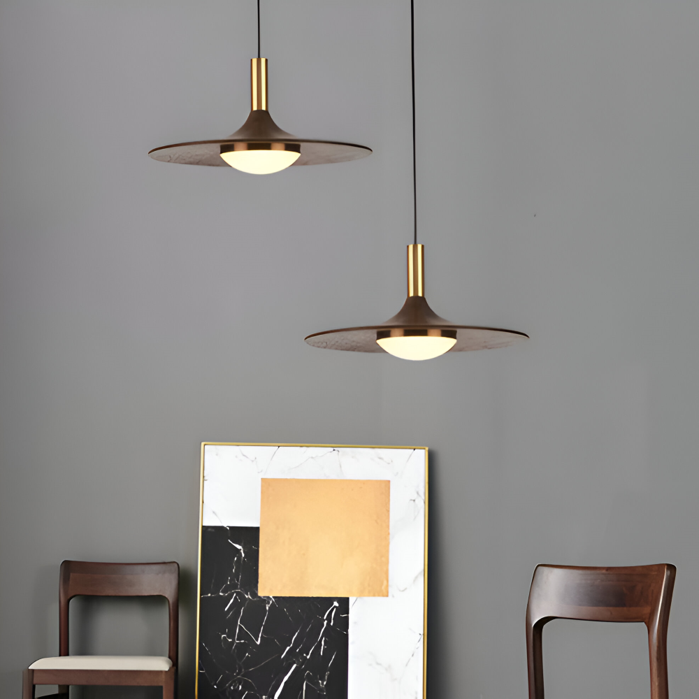 Suspension en noyer – lampe nordique ronde avec lumière LED