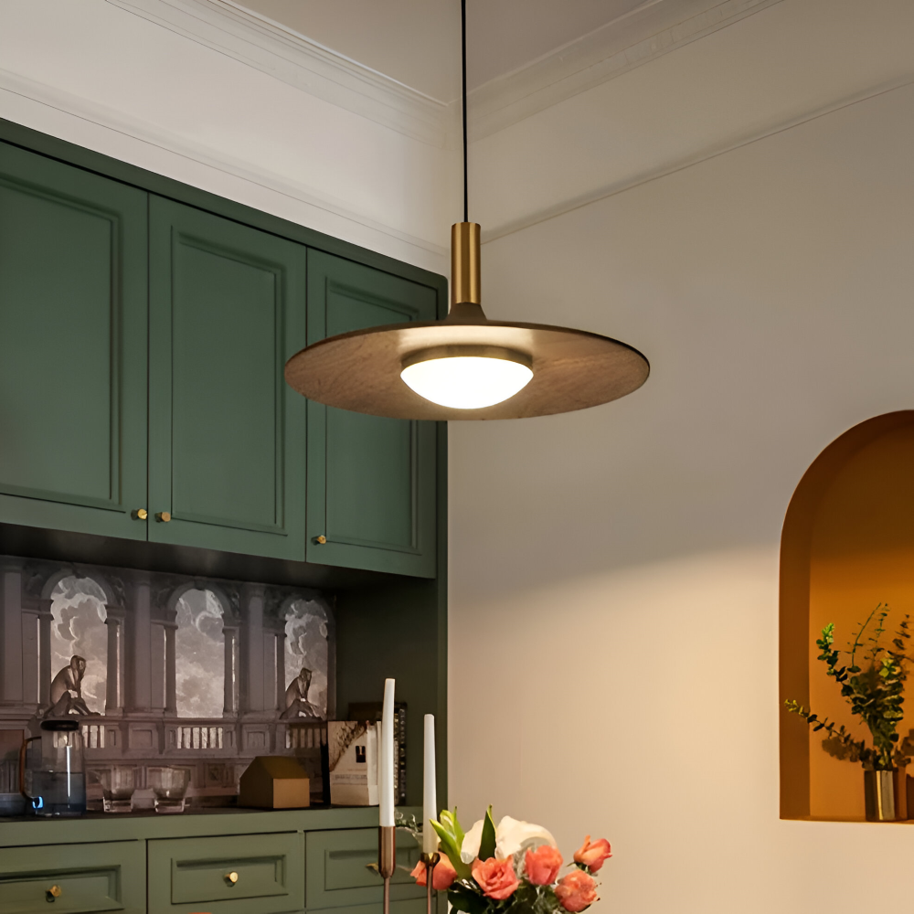 Suspension en noyer – lampe nordique ronde avec lumière LED