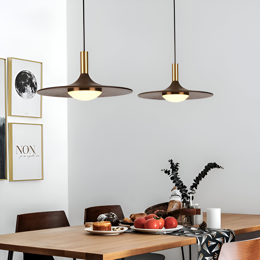 Suspension en noyer – lampe nordique ronde avec lumière LED