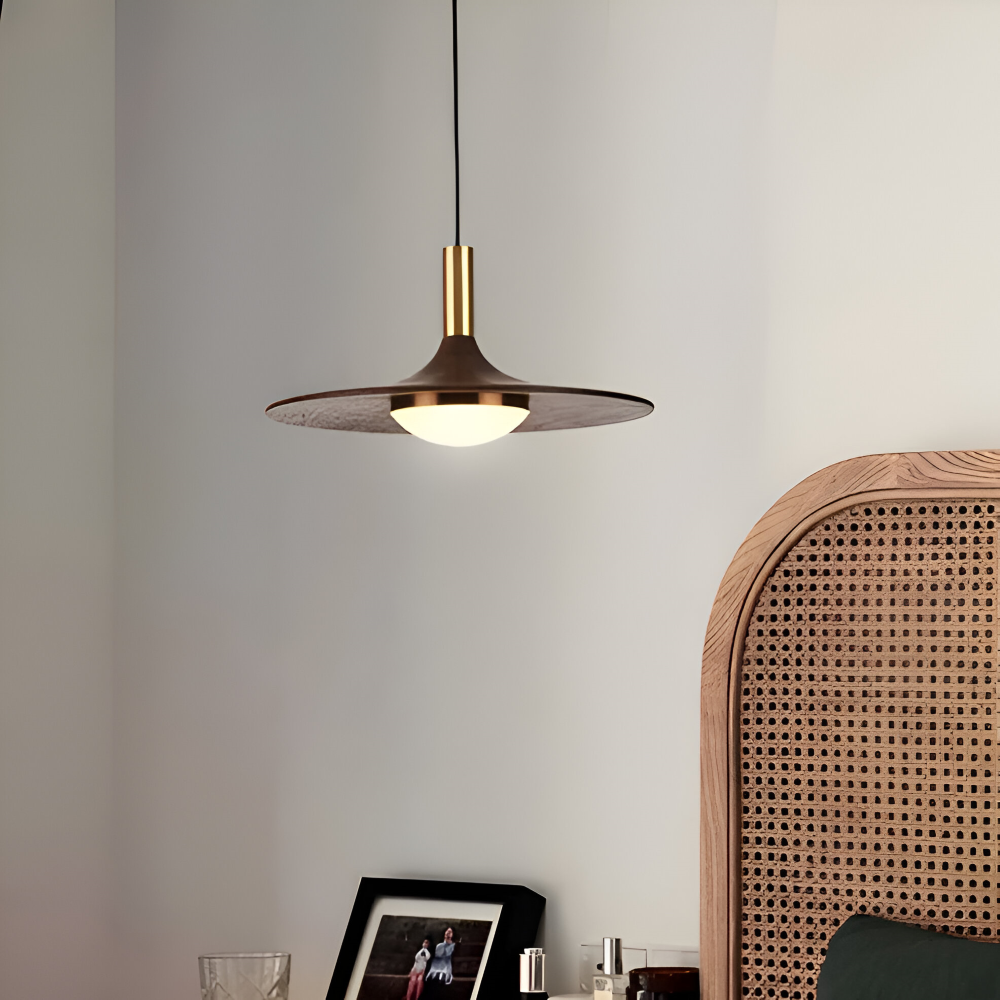 Suspension en noyer – lampe nordique ronde avec lumière LED