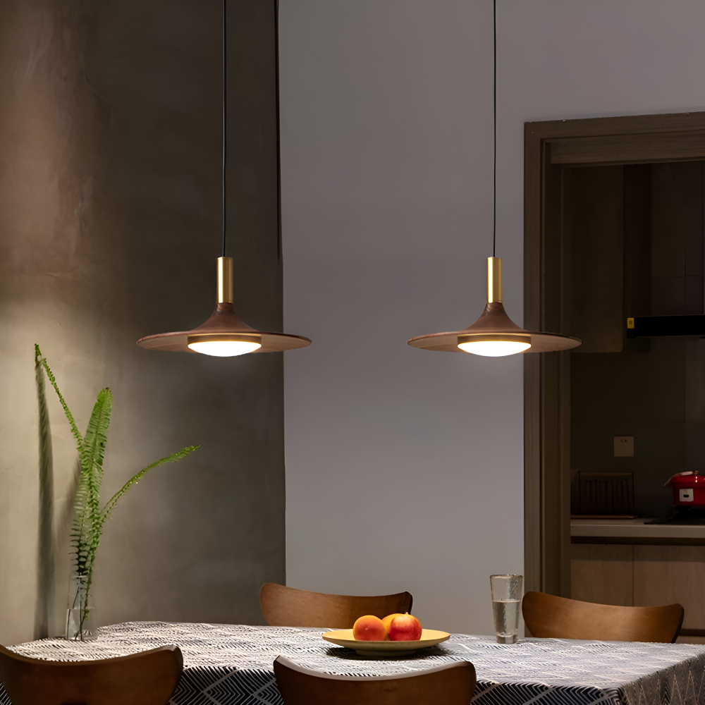 Suspension en noyer – lampe nordique ronde avec lumière LED