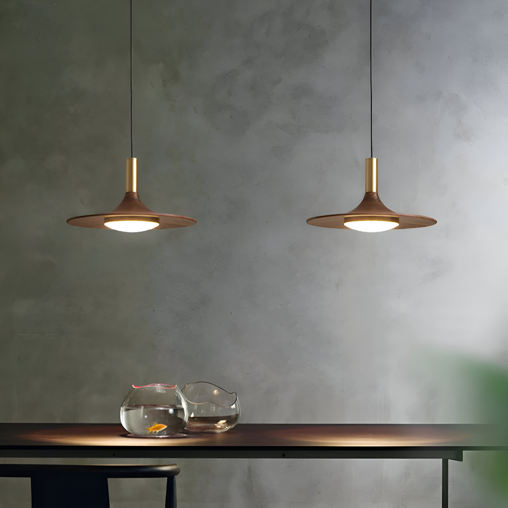 Suspension en noyer – lampe nordique ronde avec lumière LED