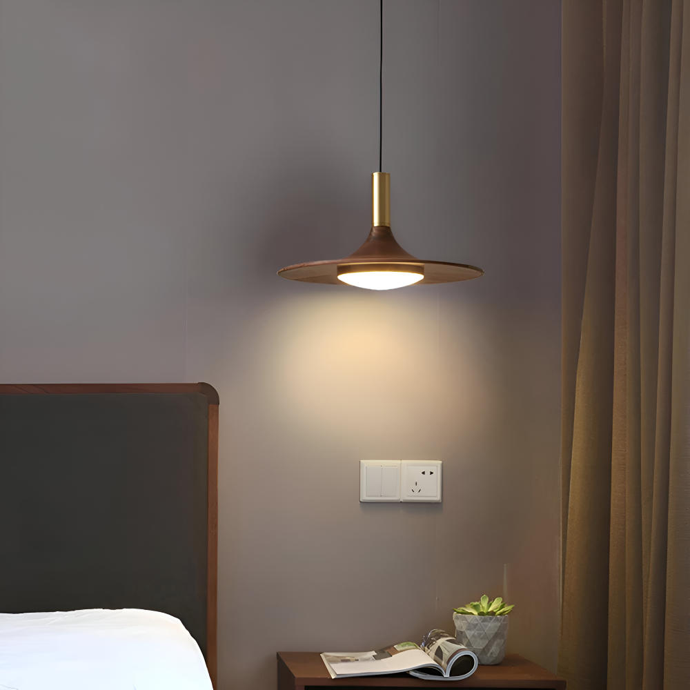 Suspension en noyer – lampe nordique ronde avec lumière LED