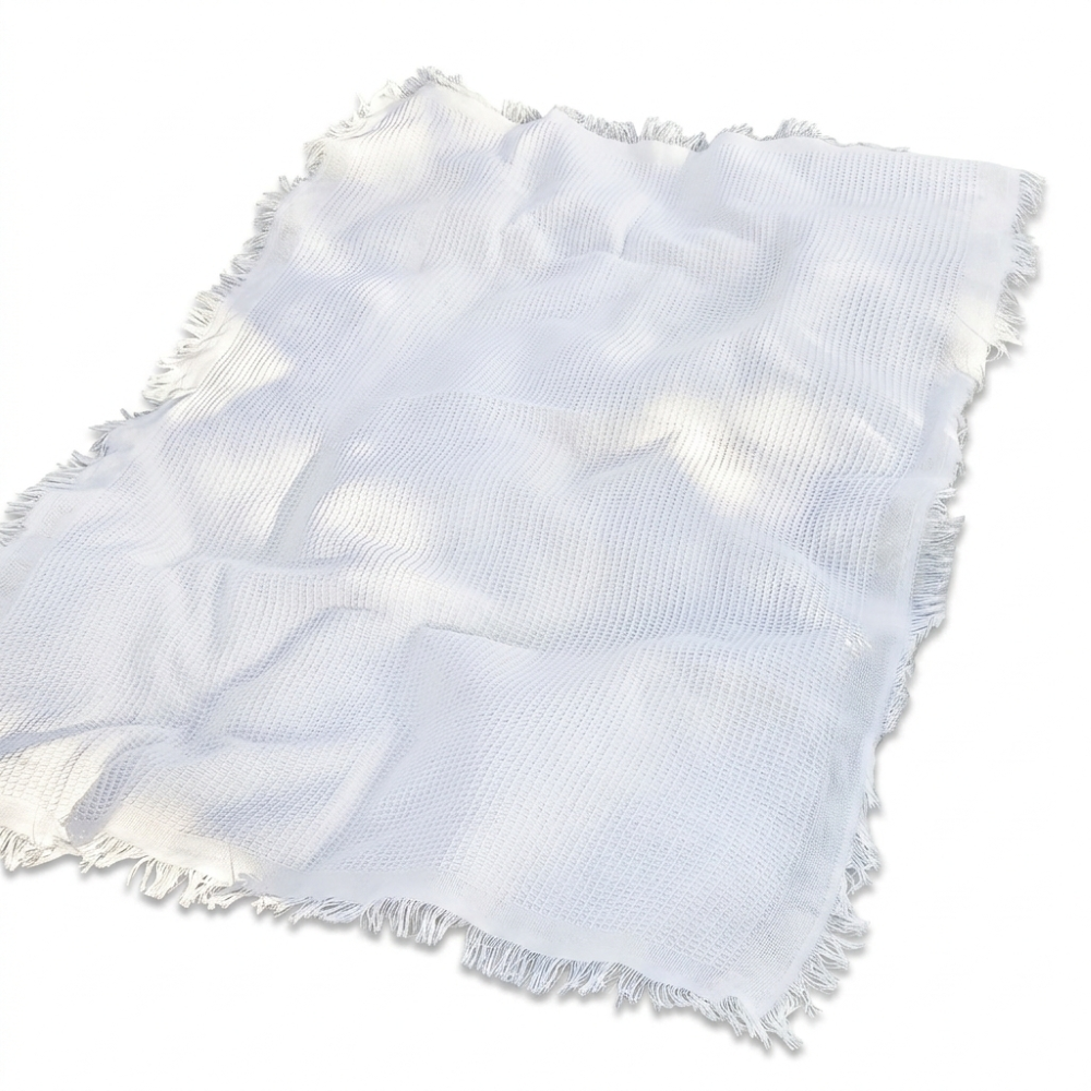 Couverture de pique-nique Boho blanche avec pompons – 90 x 150 cm, Tapis d'extérieur en mélange de coton, Lavable
