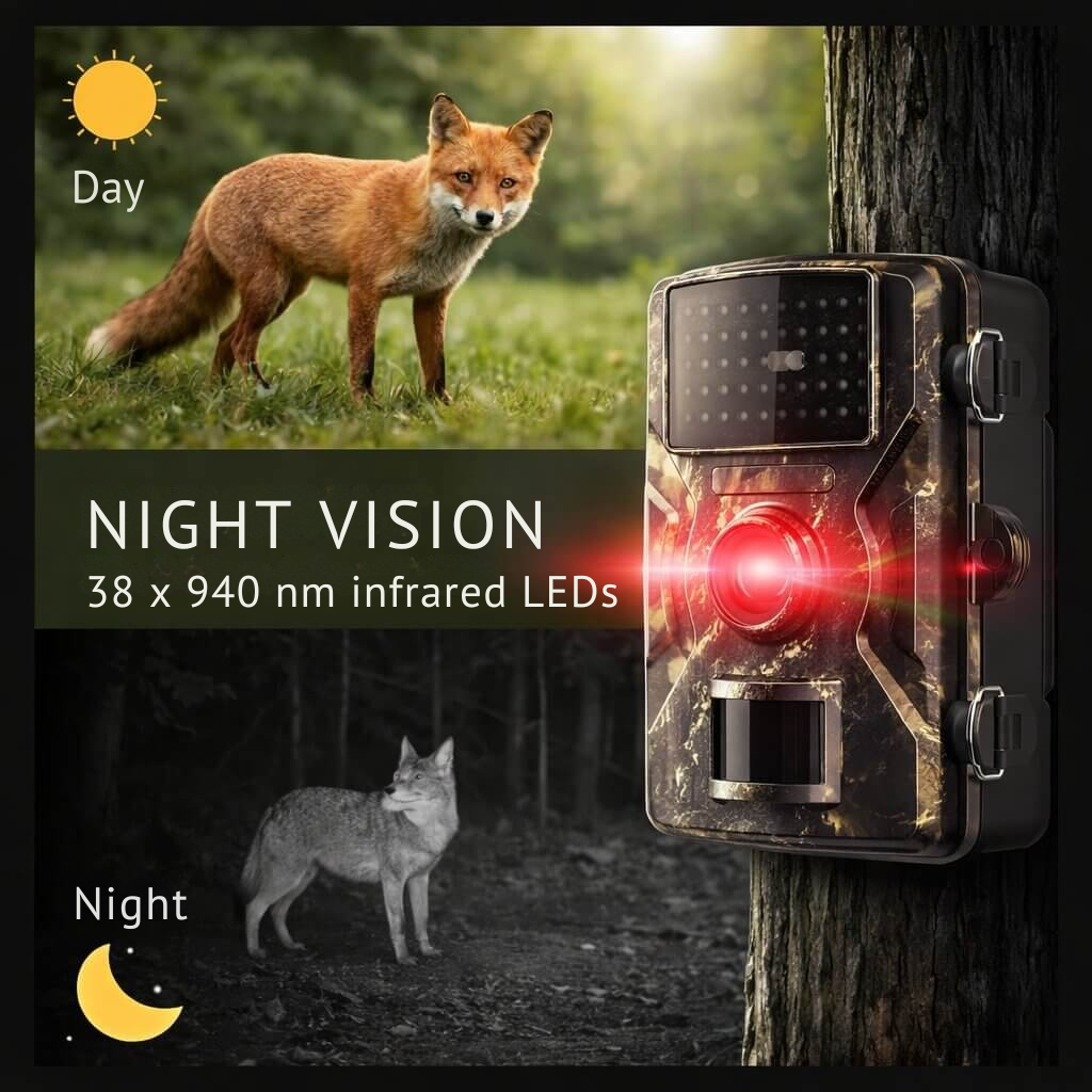 Caméra de chasse avec fonction de vision nocturne | Détecteur de mouvement | Résistante aux intempéries | Gardien de la forêt