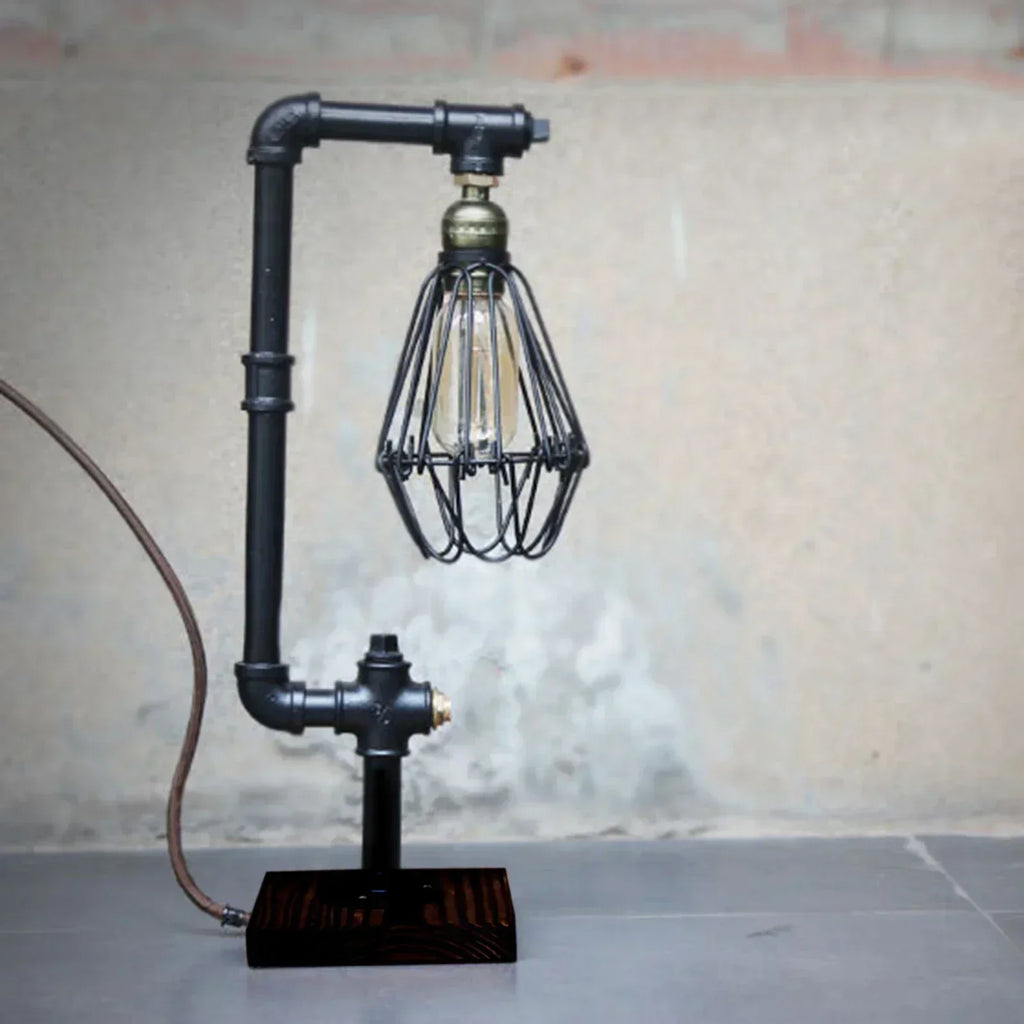 Lampe de table en métal noir – lampe vintage avec détails en bois