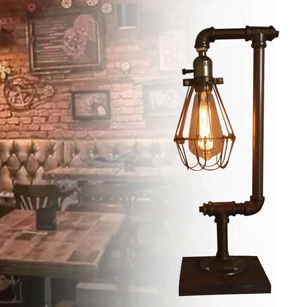 Lampe de table en métal noir – lampe vintage avec détails en bois