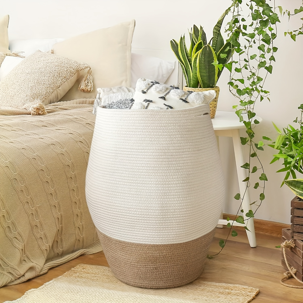 Panier à Linge Boho Tissé à la Main en Coton - Panier de Rangement Pliable avec Poignées, 45x65 cm
