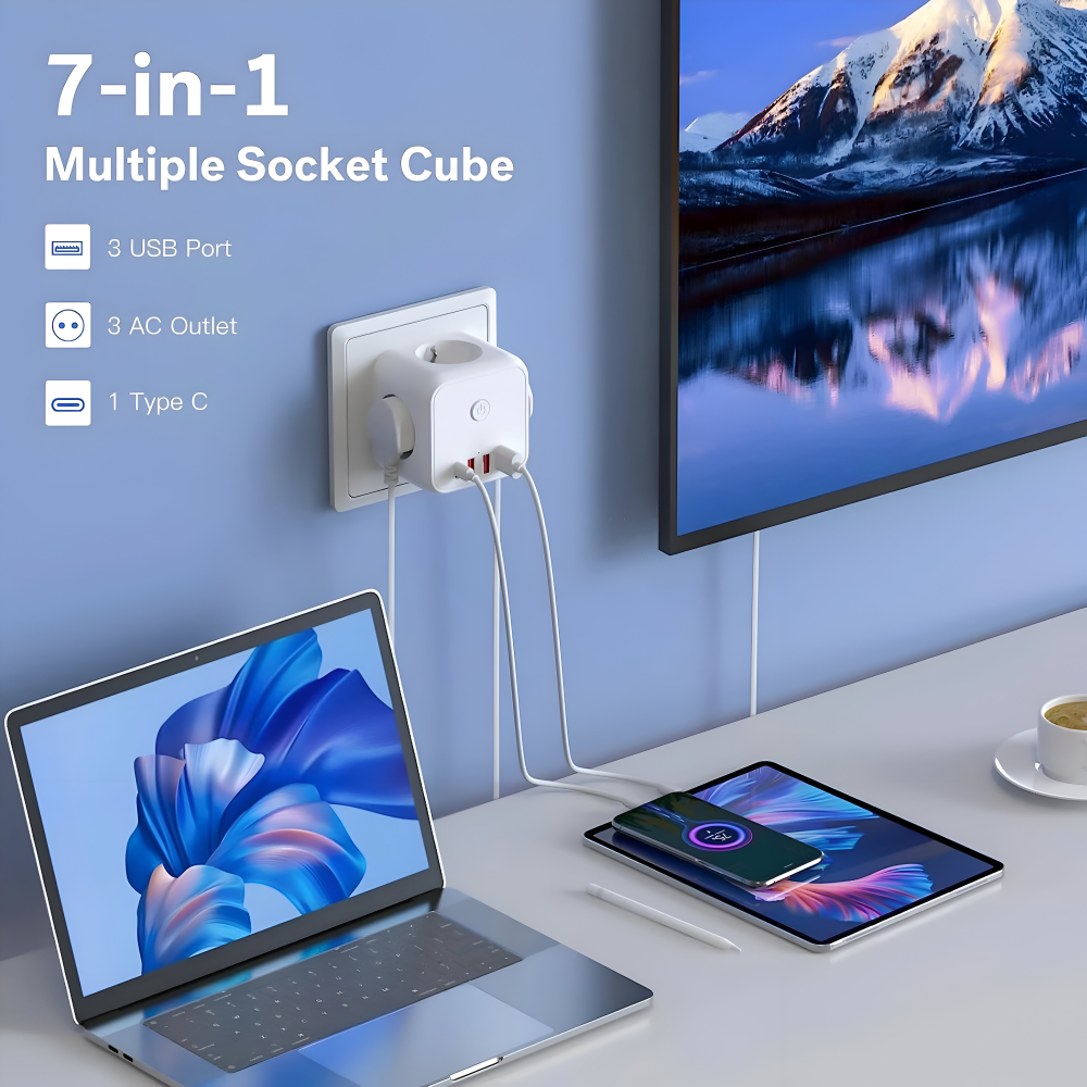 Multiprise en forme de cube | Prise multiple | Protection contre les surcharges avec interrupteur On/Off | PowerCube