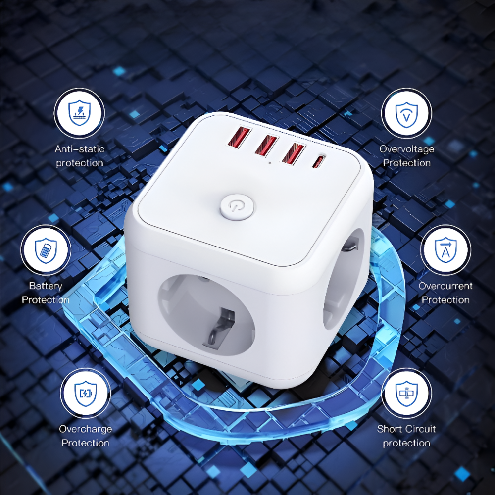 Multiprise en forme de cube | Prise multiple | Protection contre les surcharges avec interrupteur On/Off | PowerCube