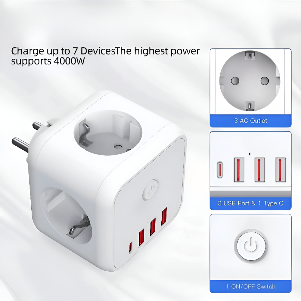 Multiprise en forme de cube | Prise multiple | Protection contre les surcharges avec interrupteur On/Off | PowerCube