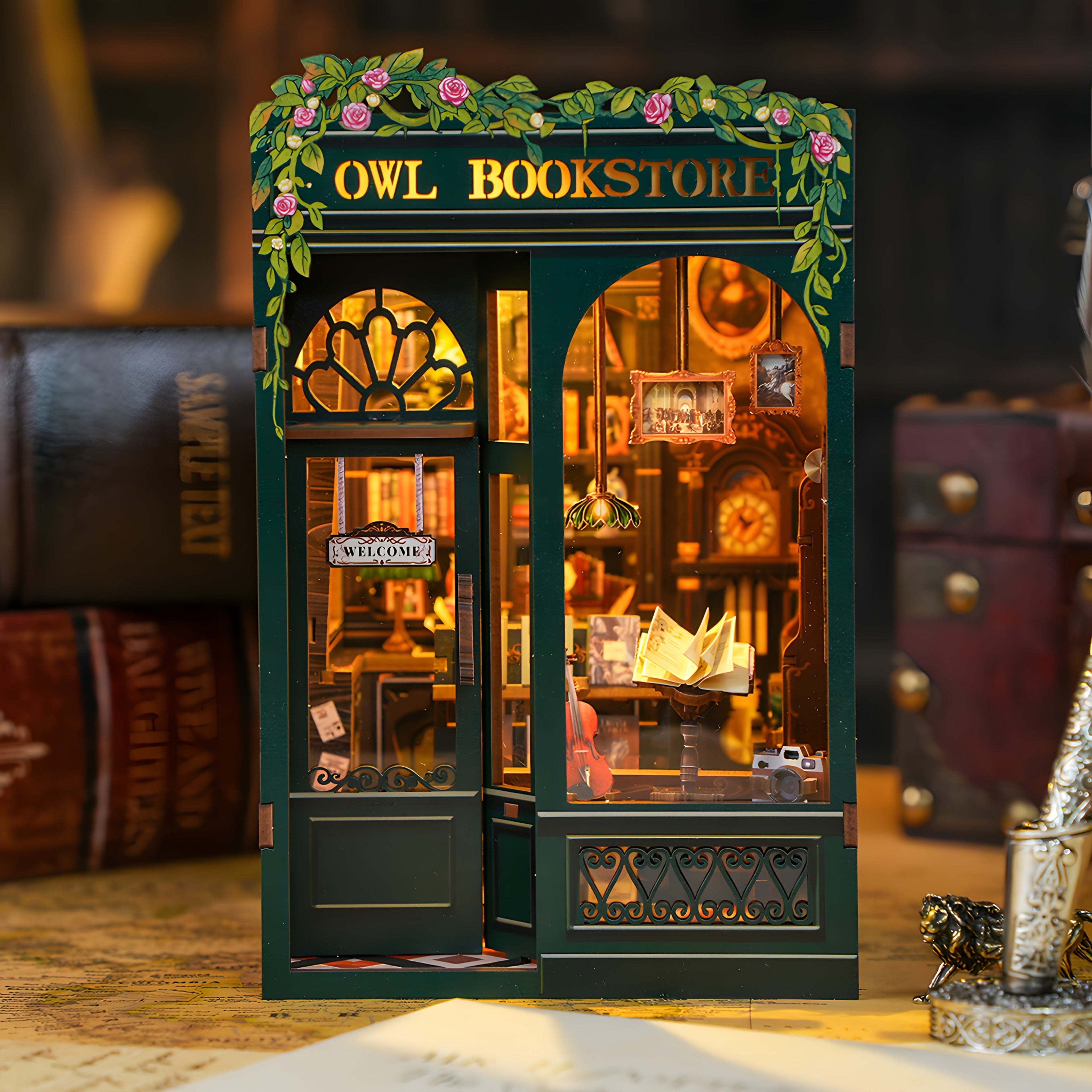 DIY Miniature Hiboux Librairie – Kit en Bois 3D avec Éclairage pour Décoration Créative