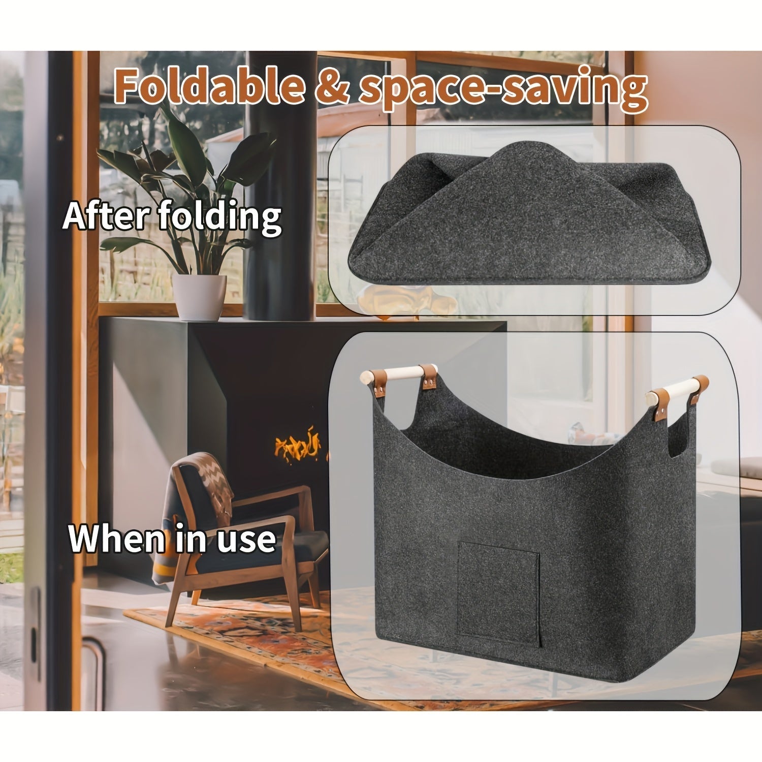 Panier à bois FELDURA | Pliable | Volume de 55L | Avec poignées en bois et détails en cuir | Gris foncé