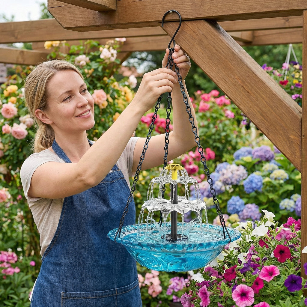 AquaBloom™ | Fontaine suspendue solaire – Abreuvoir pour oiseaux avec jeu d'eau à 2 niveaux