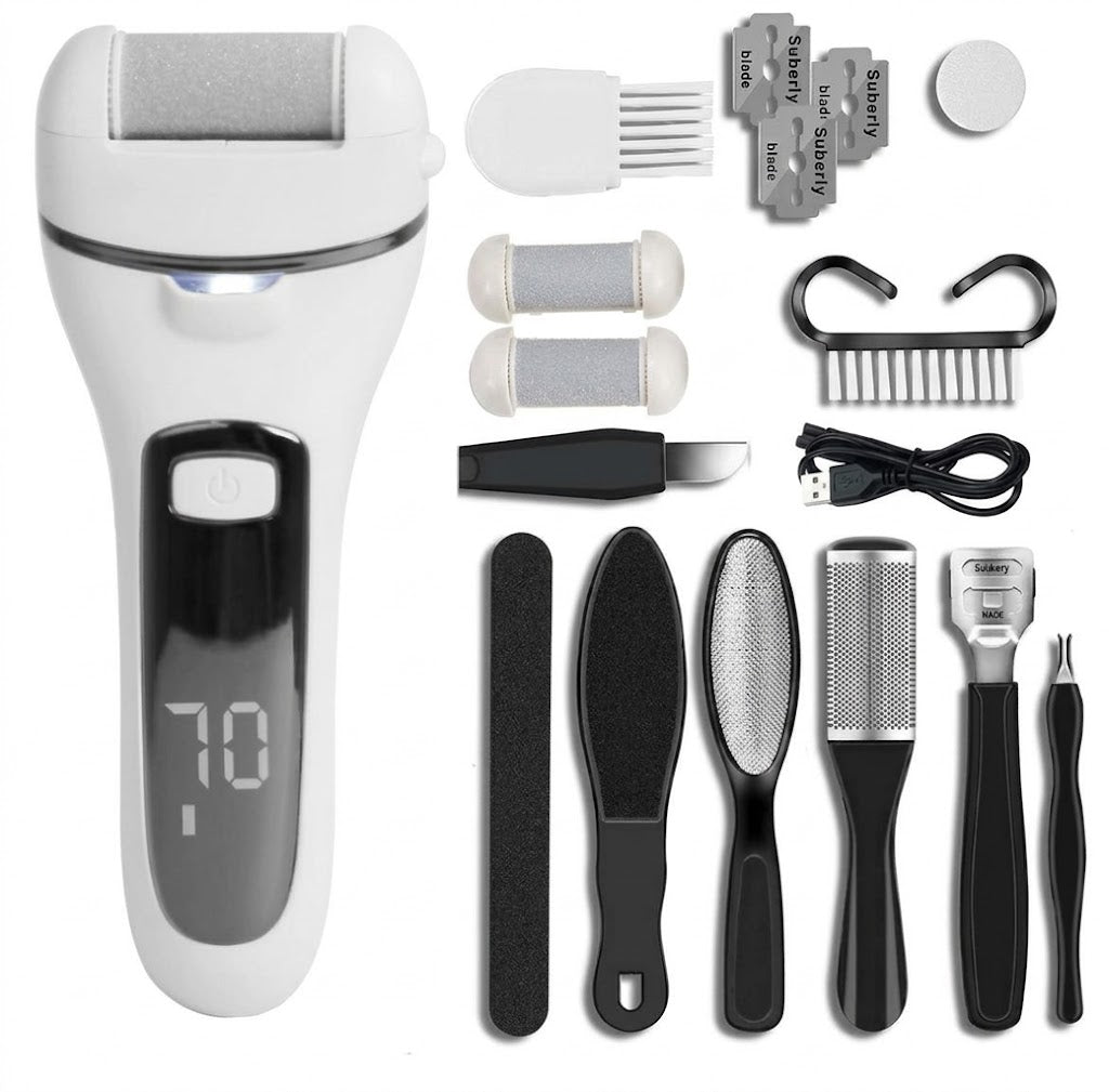 Rasoir électrique pour callosités Pediluxe Pro | Avec 3 têtes de meulage, LED & LCD | Rechargeable & étanche IPX7 | Pour des pieds lisses et soignés