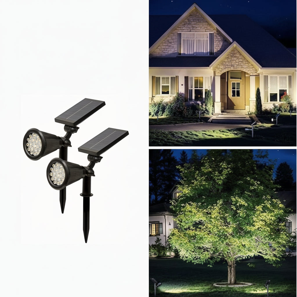 SOLARGLOW - Lampes de paysage solaires extérieures 2-Pack, projecteurs LED avec 3 niveaux de gradation et étanchéité IP44