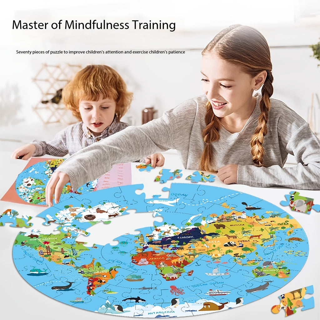Puzzle de sol en 70 pièces – Design de carte du monde ronde pour enfants