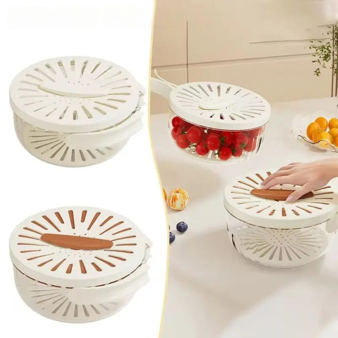 Essoreuse à salade avec couvercle et poignée | Laver, égoutter et conserver des fruits et légumes dans un seul récipient | Des feuilles croquantes restent fraîches | Blanc/Marron