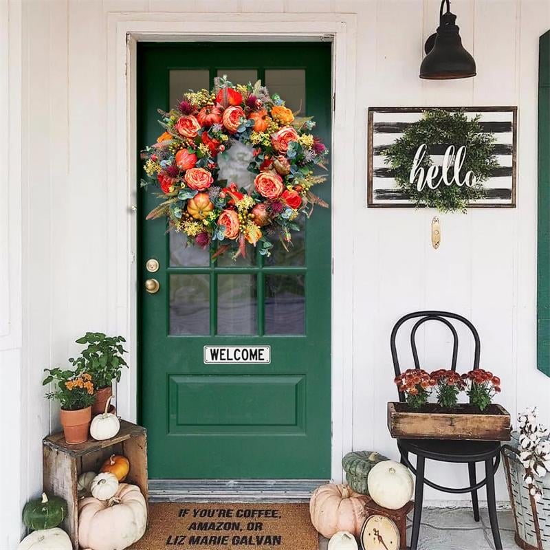Couronne de porte automne | Fait main | Design Pivoines & Citrouille | Pour intérieur & extérieur