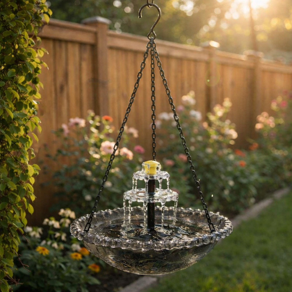 AquaBloom™ | Fontaine suspendue solaire – Abreuvoir pour oiseaux avec jeu d'eau à 2 niveaux