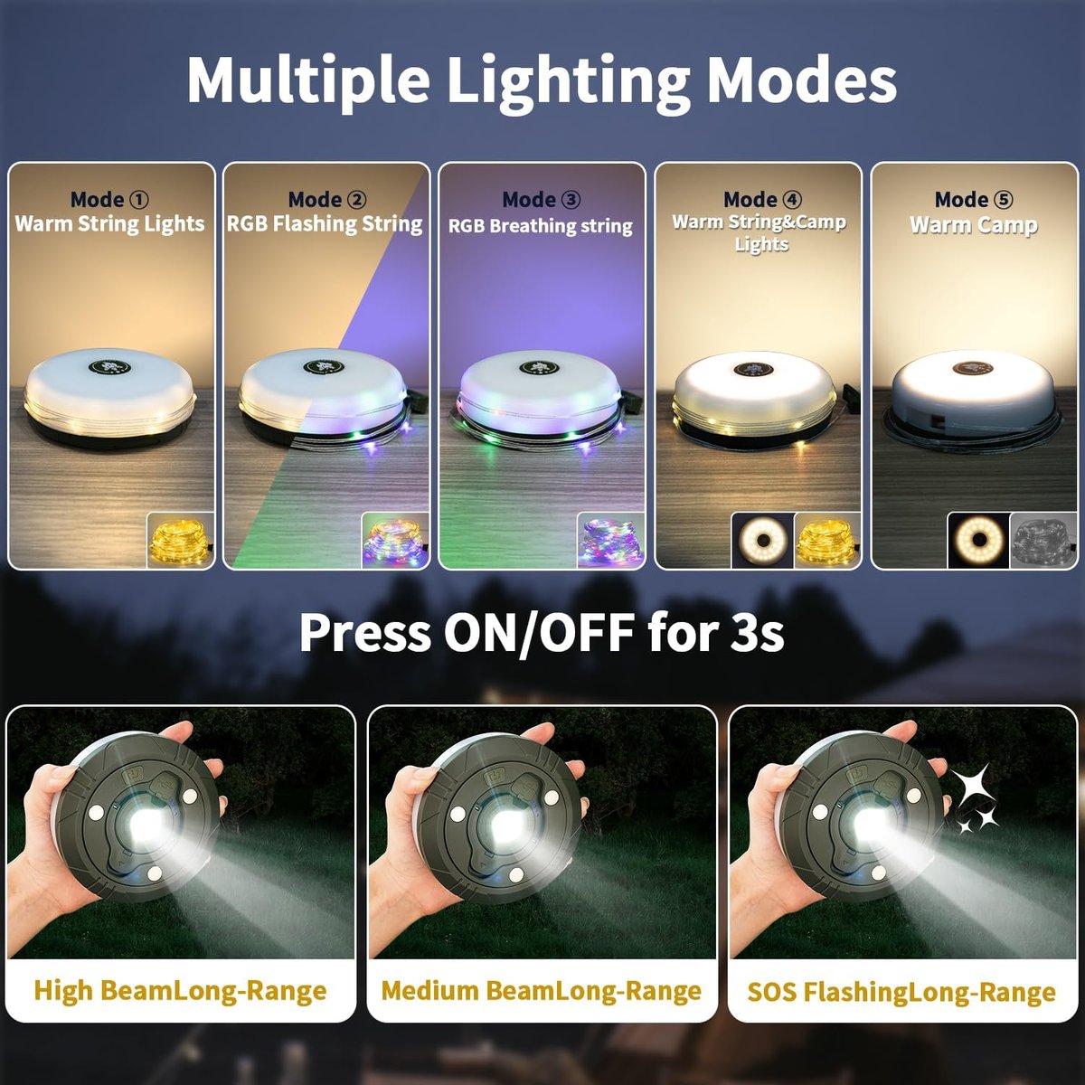CampLite™ | Lampe de camping 4-en-1 avec guirlande lumineuse RGB et batterie externe