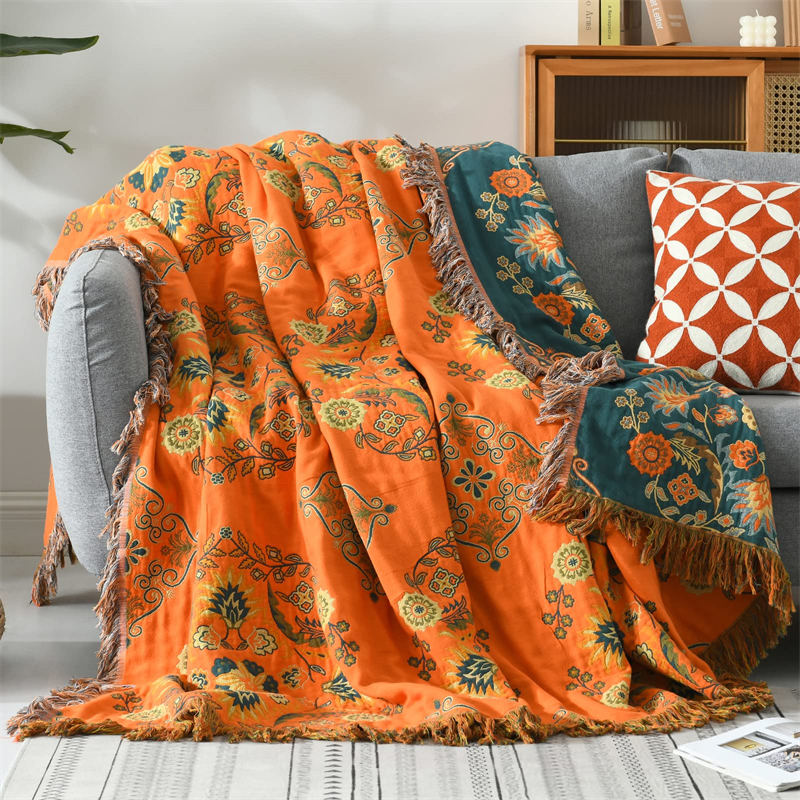 Couverture Vintage Boho avec Motif Floral