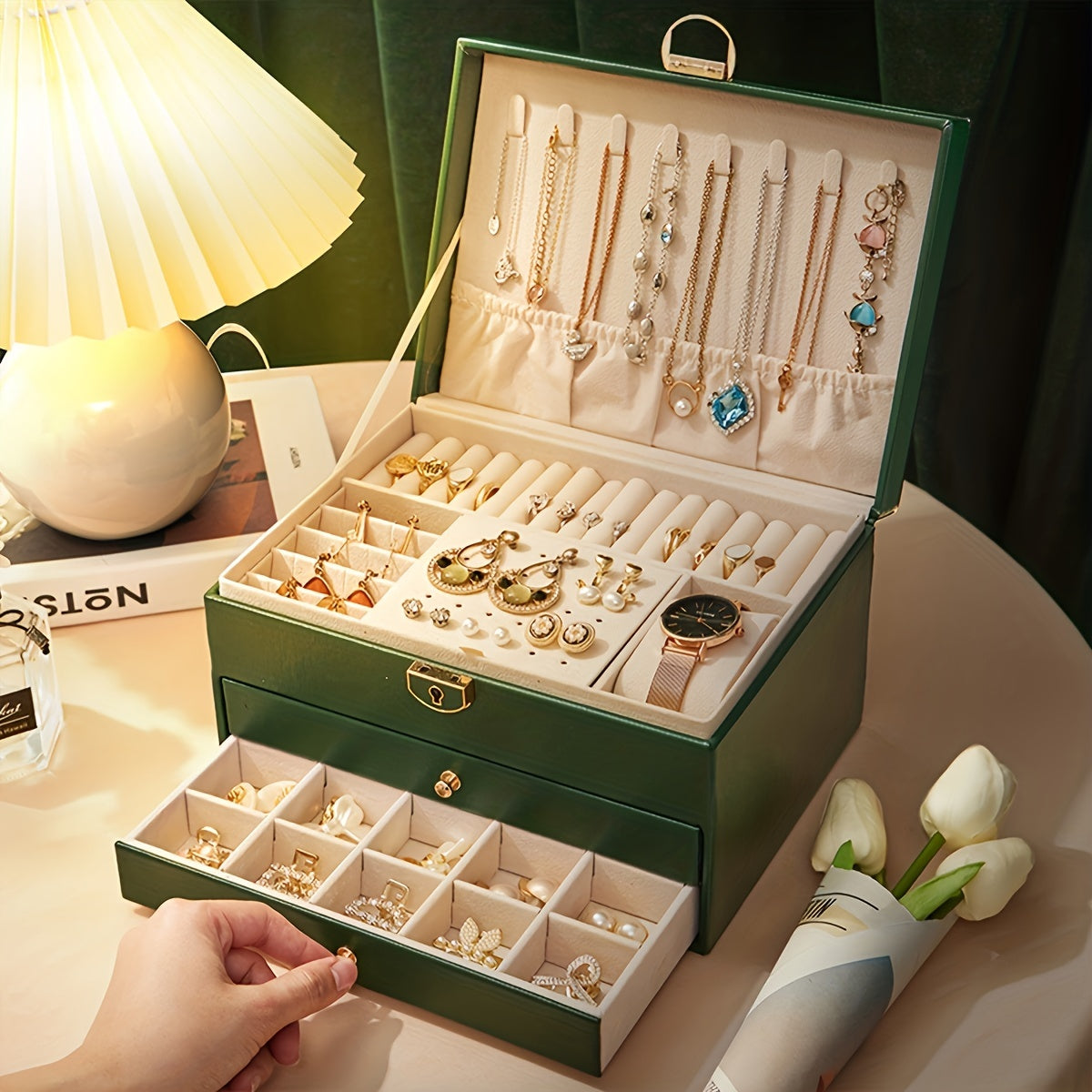 Organisateur de boîte à bijoux en cuir avec tiroirs
