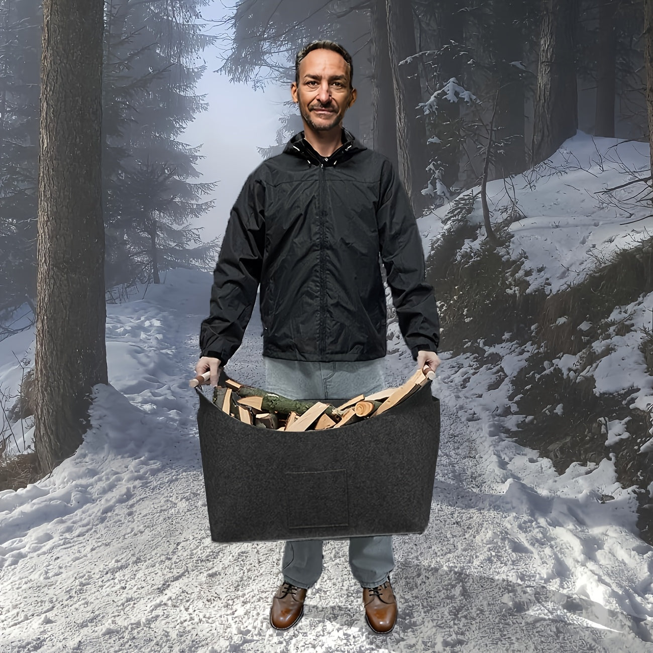 Panier à bois FELDURA | Pliable | Volume de 55L | Avec poignées en bois et détails en cuir | Gris foncé