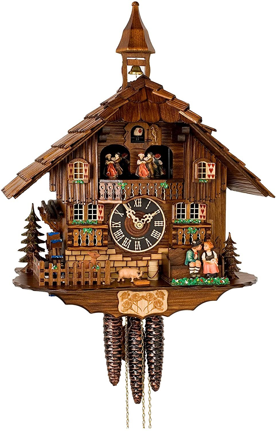 Horloge à coucou traditionnelle | Fabriquée à la main en bois de la Forêt-Noire | Design chalet avec musique et figurines