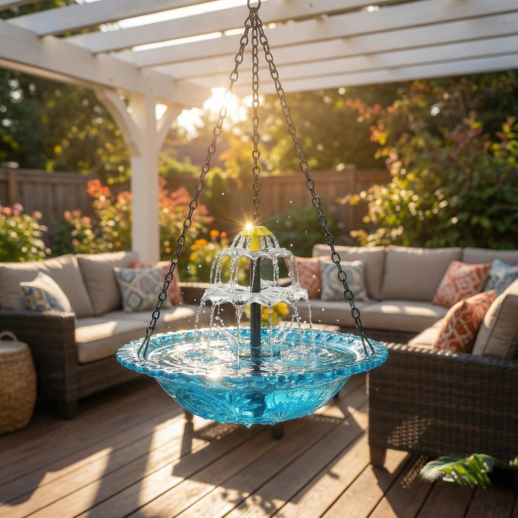 AquaBloom™ | Fontaine suspendue solaire – Abreuvoir pour oiseaux avec jeu d'eau à 2 niveaux