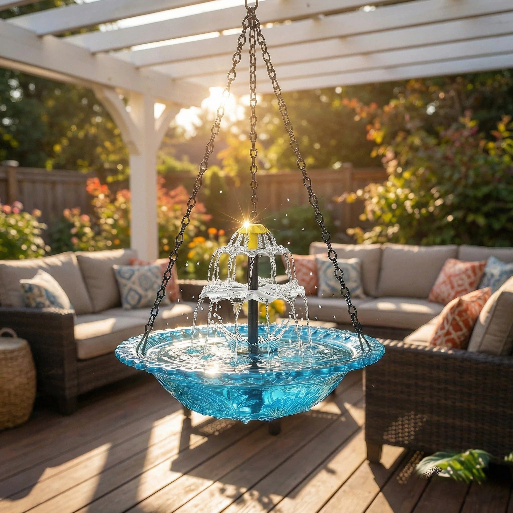 AquaBloom™ | Fontaine suspendue solaire – Abreuvoir pour oiseaux avec jeu d'eau à 2 niveaux