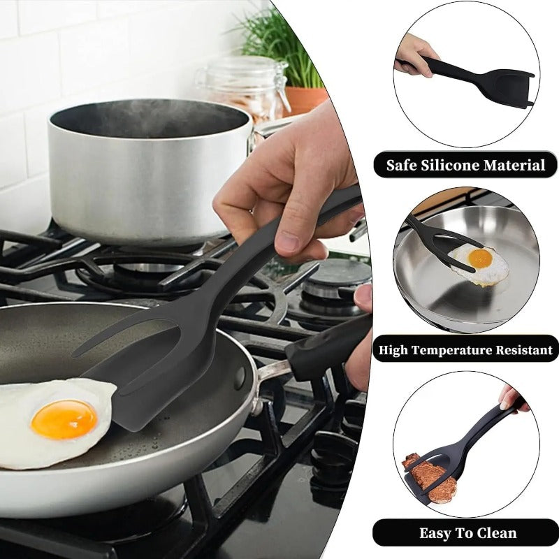 Spatule en silicone | Ustensile 2-en-1 pour retourner et saisir les poêles antiadhésives | Résistant à la chaleur, compatible lave-vaisselle | Noir/Rouge/Gris