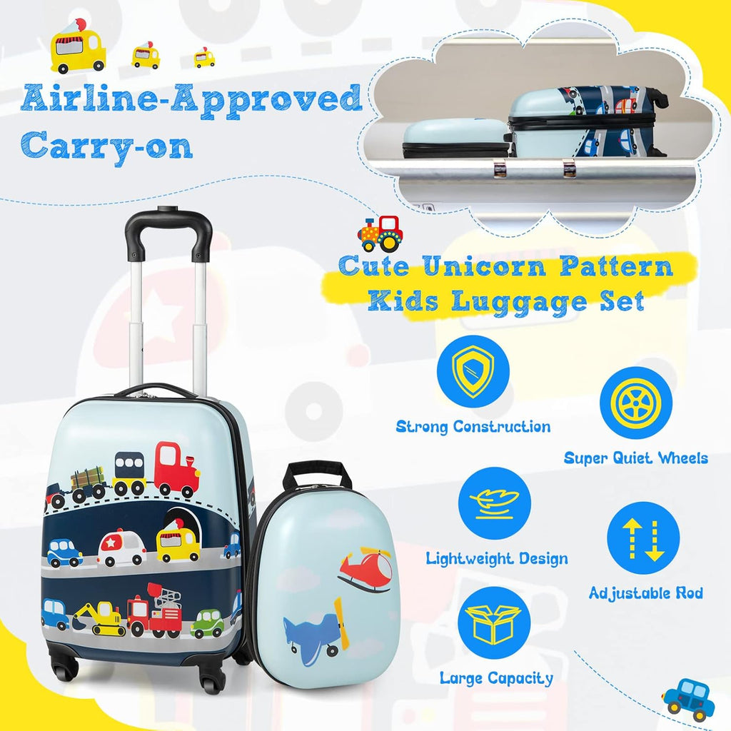 Ensemble de bagages rigides pour enfants en 2 pièces et sac à dos avec roues à 360° – Hélicoptère