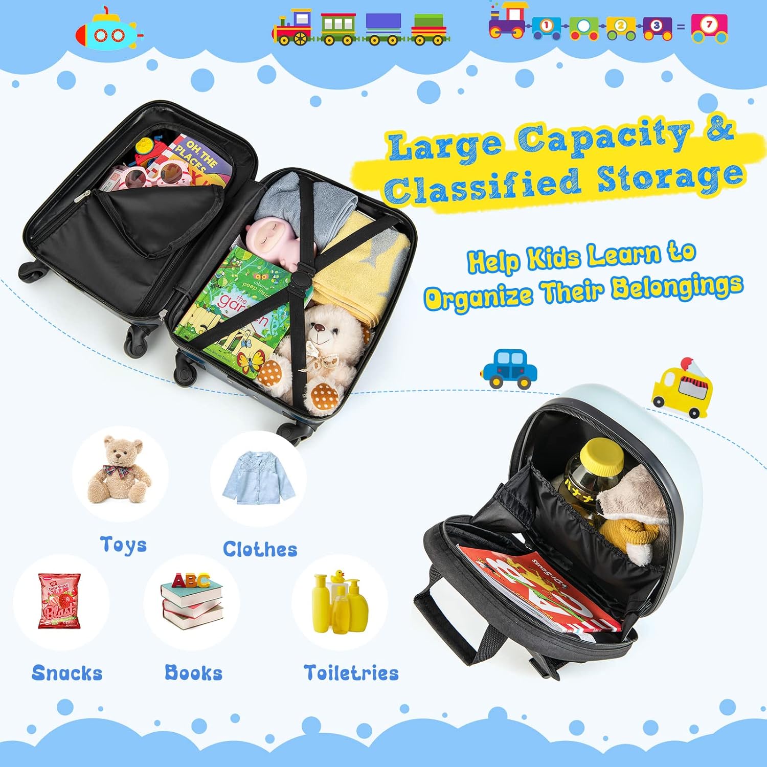 Ensemble de bagages rigides pour enfants en 2 pièces et sac à dos avec roues à 360° – Hélicoptère