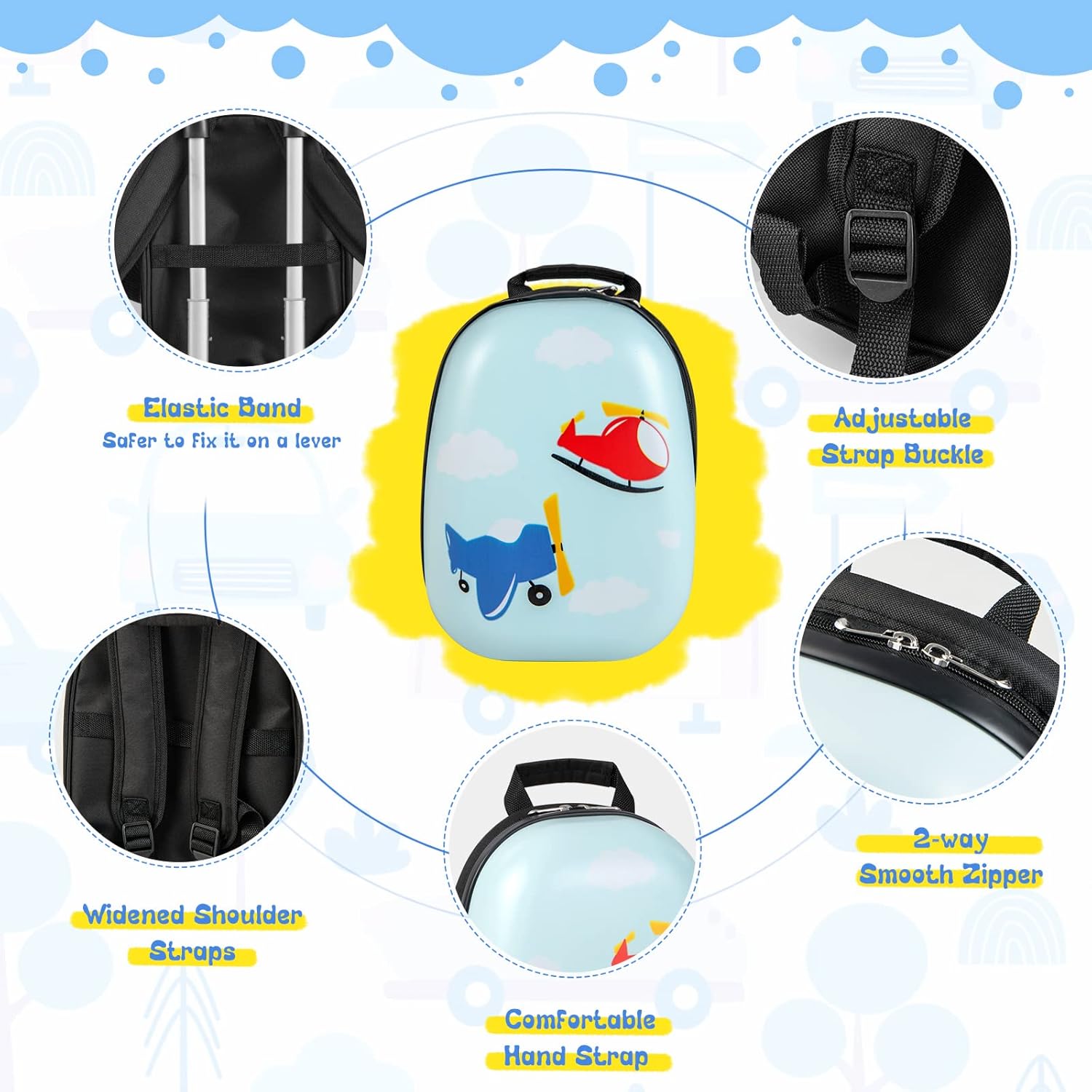 Ensemble de bagages rigides pour enfants en 2 pièces et sac à dos avec roues à 360° – Hélicoptère
