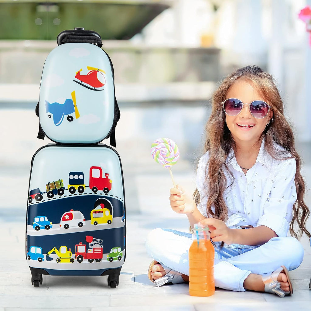 Ensemble de bagages rigides pour enfants en 2 pièces et sac à dos avec roues à 360° – Hélicoptère